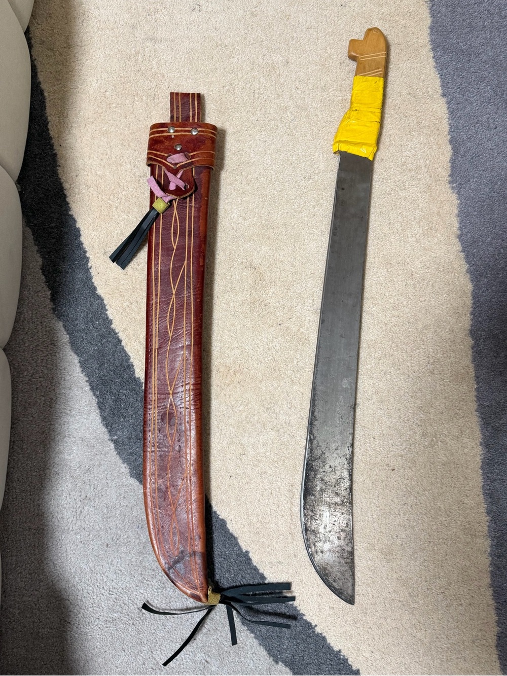 Vintage Handmade Leather Scabbard with Large Machete blade needs good sharpen